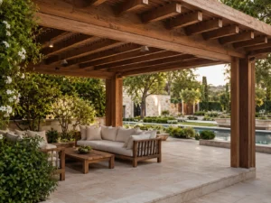 نمای واقعی پرگولای چوبی در محوطه ویلای سبز